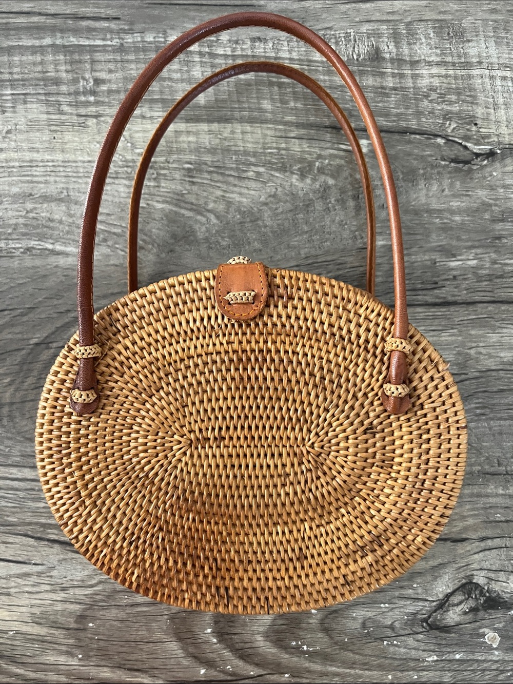 Balinese  Handwoven Ata Rattan Oval Bag Leather Batik Boho